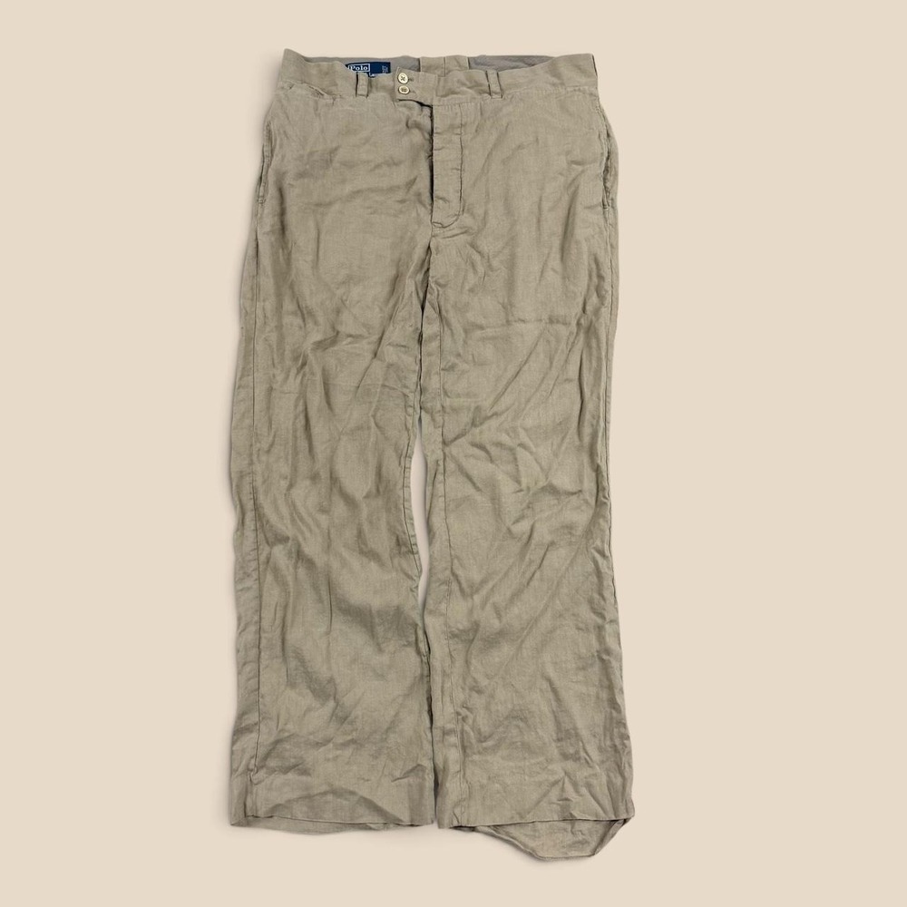 Vintage Polo Ralph Lauren Linen Silk Button Fly Trousers Tan 35x32 FLAW